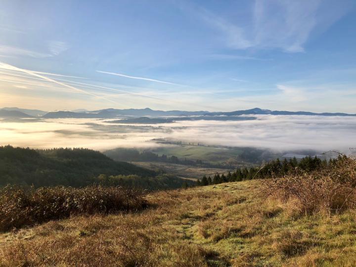 A view from the top of a mountain into the cloud filled valley below. 