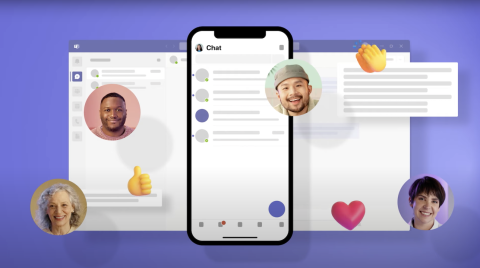 Microsoft Teams chat windows on a smartphone and computer, with profile photos and reactions overlaid.