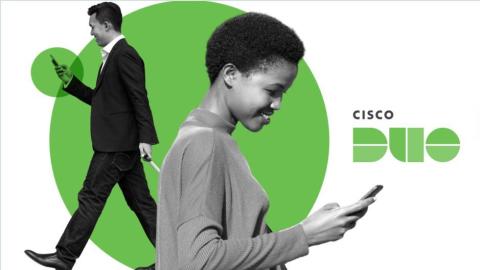 The Cisco Duo logo, a green "Approve" button, and two people using smartphones