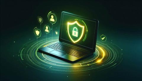Green laptop displaying yellow shield and lock, symbolizing cybersecurity