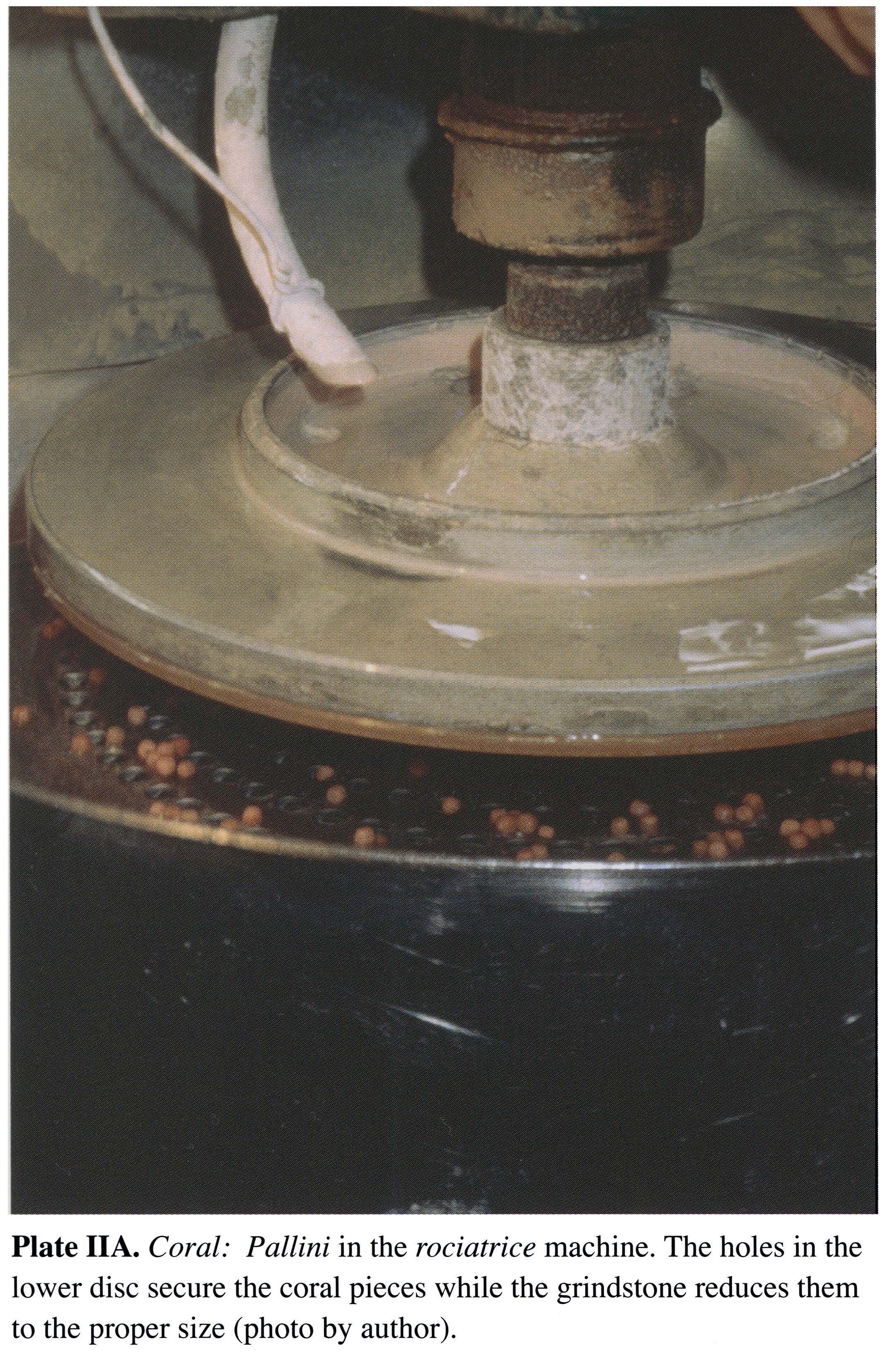 Plate IIA Coral: Pallini in the rociatrice machine. The holes in the lower disc secure the coral pieces while the grindstone reduces them to the proper size (photo by author).