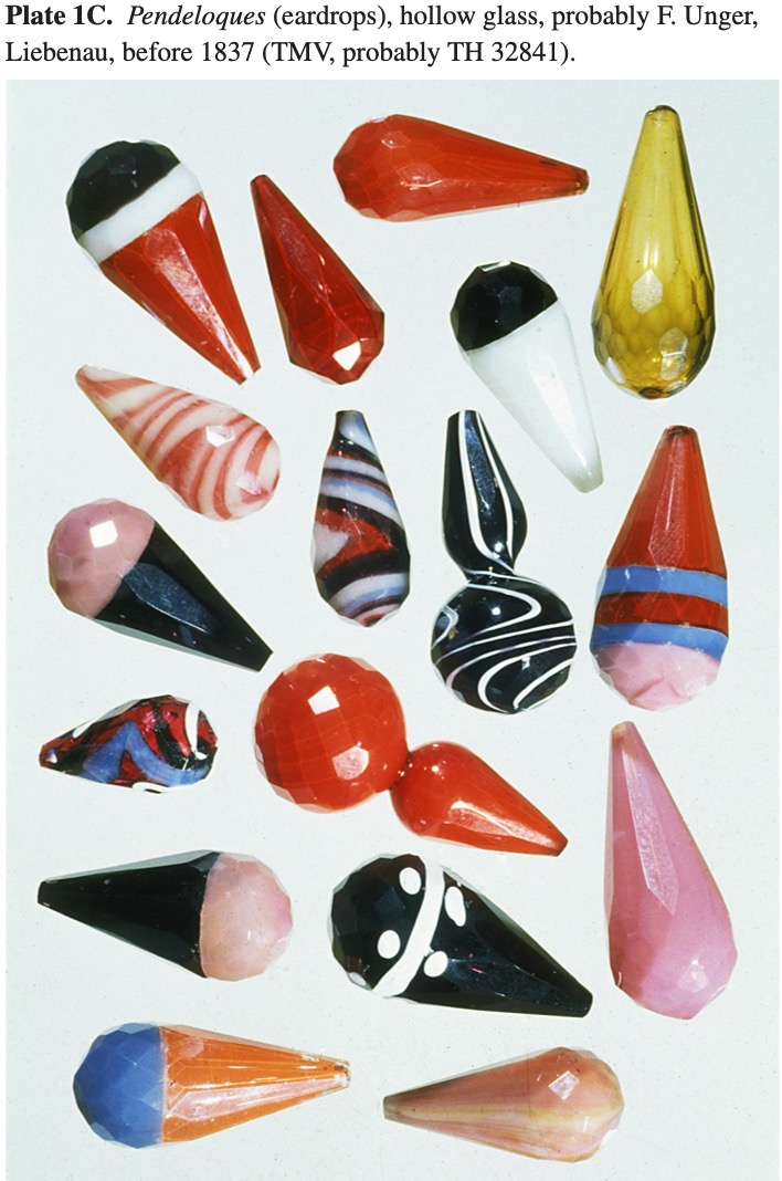 Plate 1C Pendeloques (eardrops), hollow glass, probably F. Unger, Liebenau, before 1837 (TMV, probably TH 32841). 
