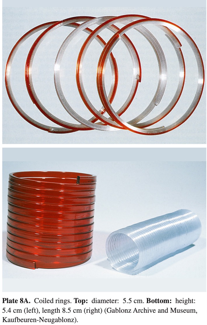 Plate 8A Coiled rings. Top: diameter: 5.5 cm. Bottom: height: 5.4 cm (left), length 8.5 cm (right) (Gablonz Archive and Museum, Kaufbeuren-Neugablonz).