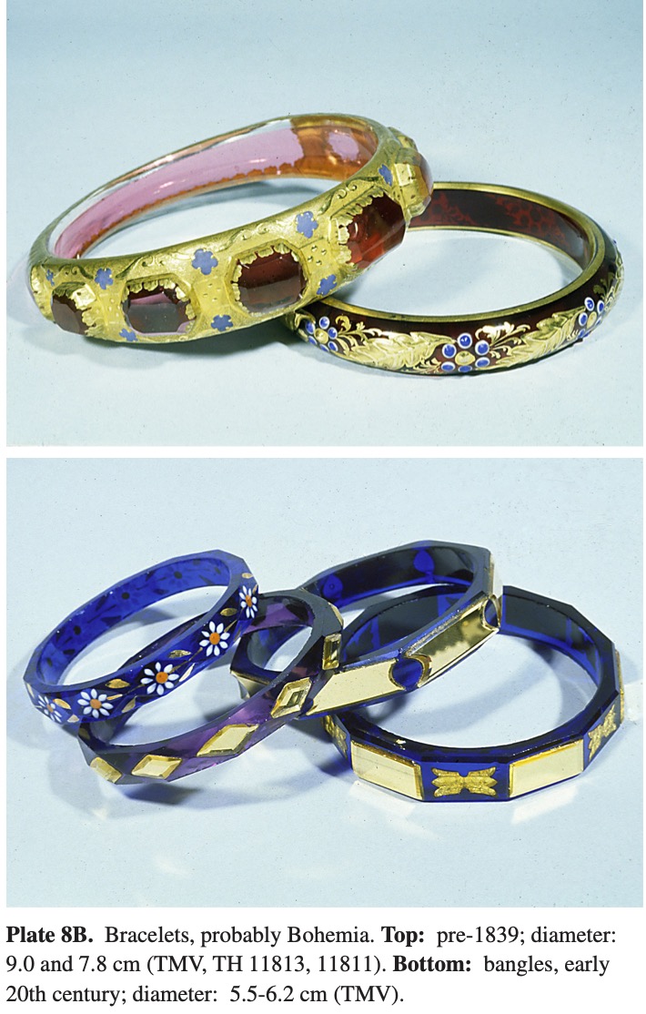 Plate 8B Bracelets, probably Bohemia. Top: pre-1839; diameter: 9.0 and 7.8 cm (TMV, TH 11813, 11811). Bottom: bangles, early 20th century; diameter: 5.5-6.2 cm (TMV).