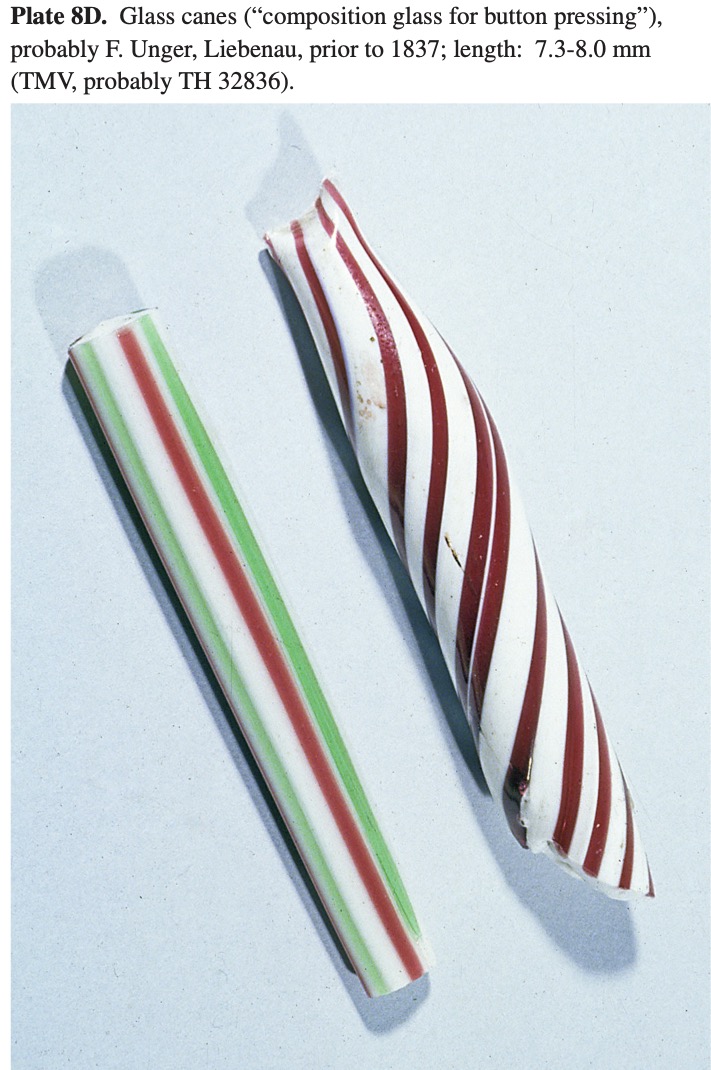 Plate 8D Glass canes (“composition glass for button pressing”), probably F. Unger, Liebenau, prior to 1837; length: 7.3-8.0 mm (TMV, probably TH 32836).