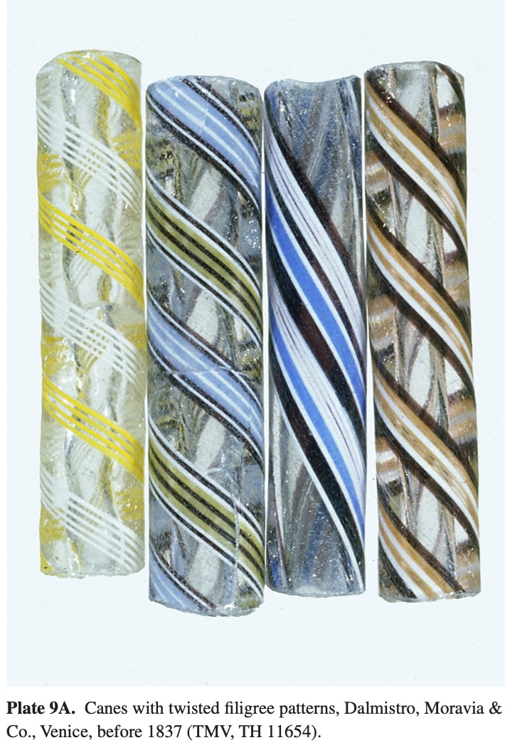 Plate 9A Canes with twisted filigree patterns, Dalmistro, Moravia & Co., Venice, before 1837 (TMV, TH 11654).