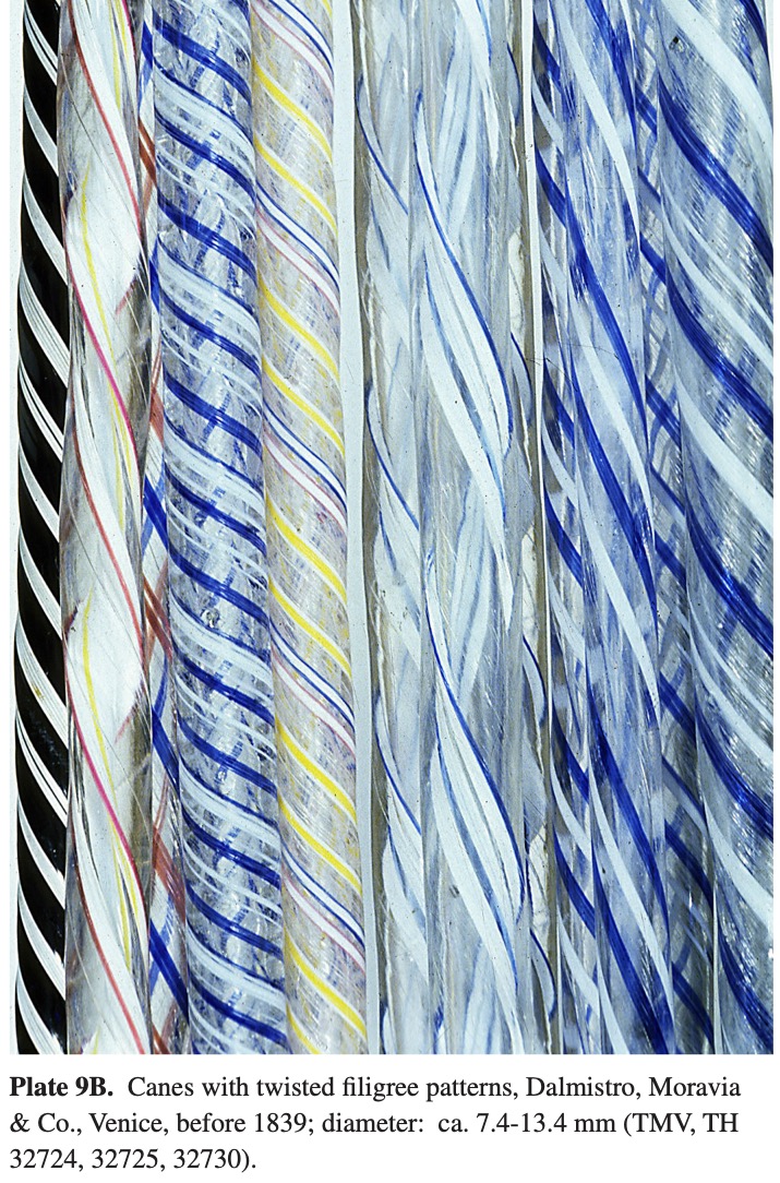 Plate 9B Canes with twisted filigree patterns, Dalmistro, Moravia & Co., Venice, before 1839; diameter: ca. 7.4-13.4 mm (TMV, TH 32724, 32725, 32730).