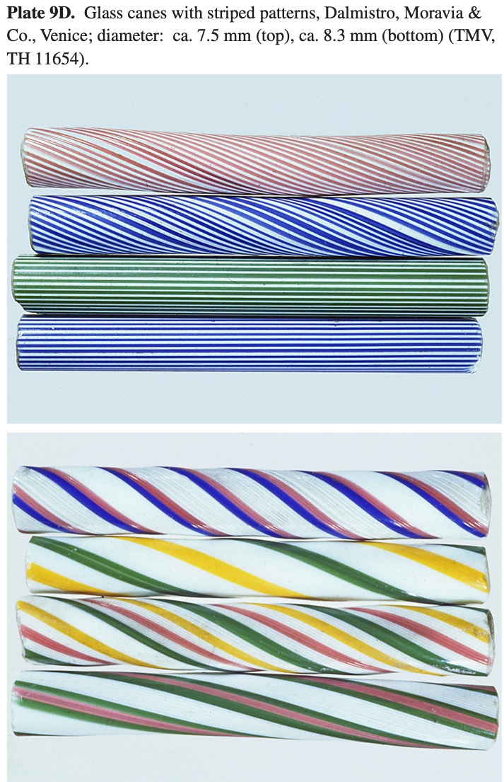 Plate 9D Glass canes with striped patterns, Dalmistro, Moravia & Co., Venice; diameter: ca. 7.5 mm (top), ca. 8.3 mm (bottom) (TMV, TH 11654).