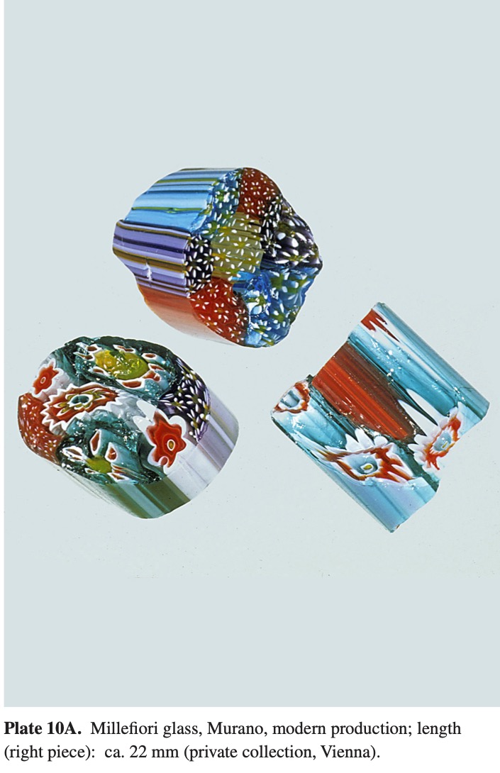 Plate 10A Millefiori glass, Murano, modern production; length (right piece): ca. 22 mm (private collection, Vienna).