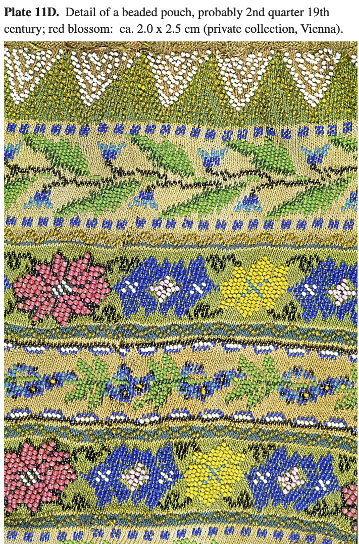 Plate 11D Detail of a beaded pouch, probably 2nd quarter 19th century; red blossom: ca. 2.0 x 2.5 cm (private collection, Vienna).