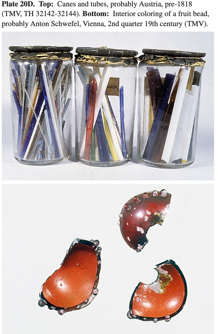 Plate 20D Top: Canes and tubes, probably Austria, pre-1818 (TMV, TH 32142-32144). Bottom: Interior coloring of a fruit bead, probably Anton Schwefel, Vienna, 2nd quarter 19th century (TMV). 
