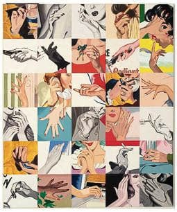 A painting depicting a variety of cartoon characters arranged in a grid layout.