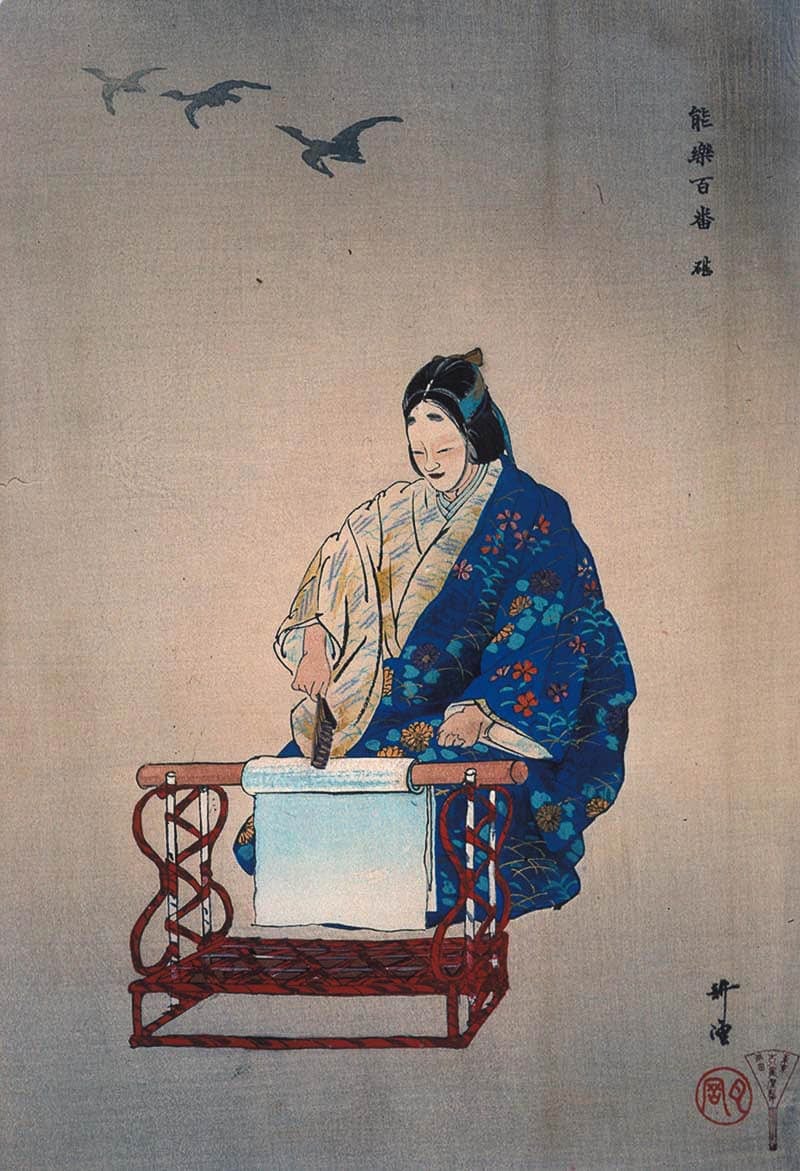 Japanese painting of a woman in traditional dress working with silk