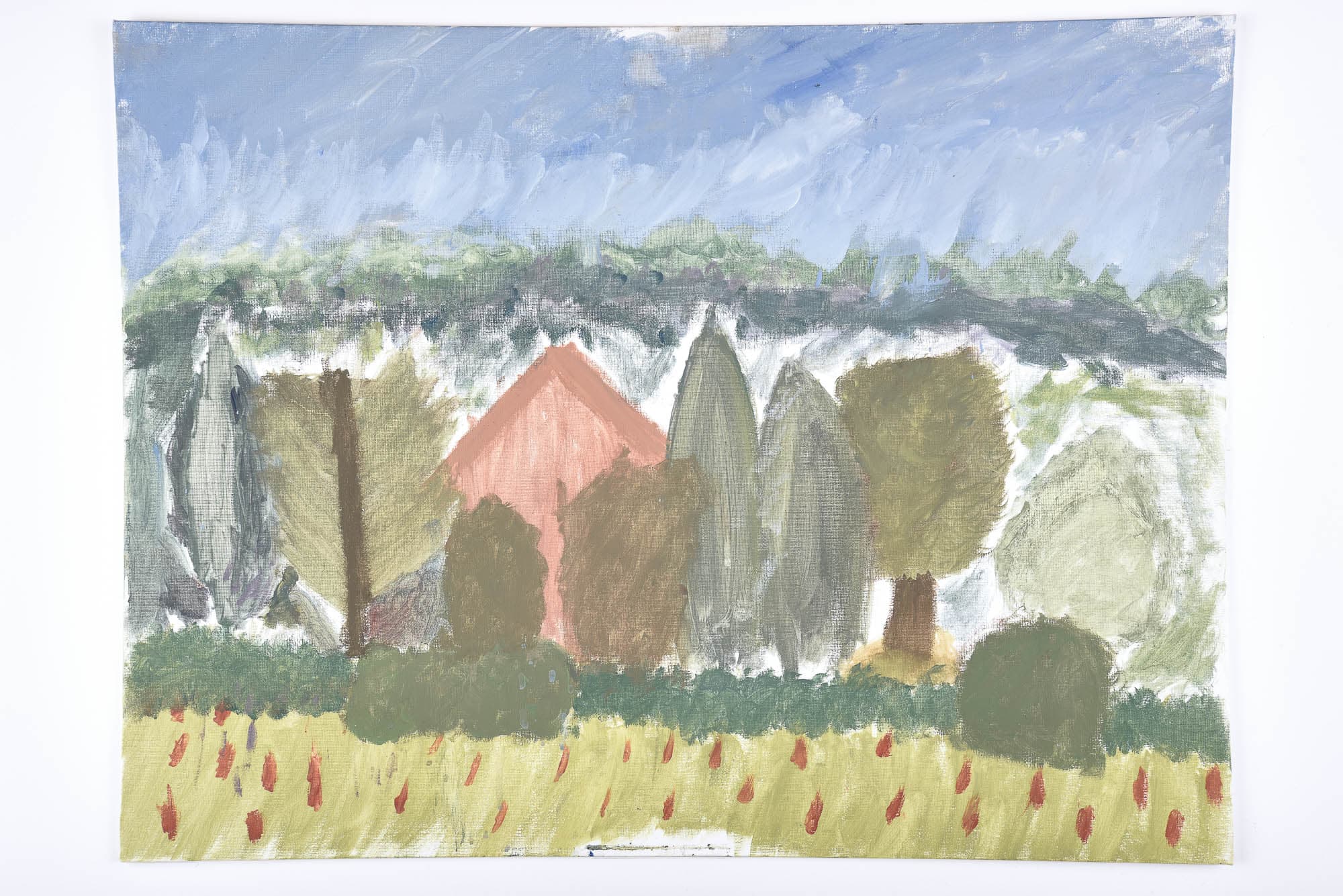 Painting of trees and a red house in a field with red flowers