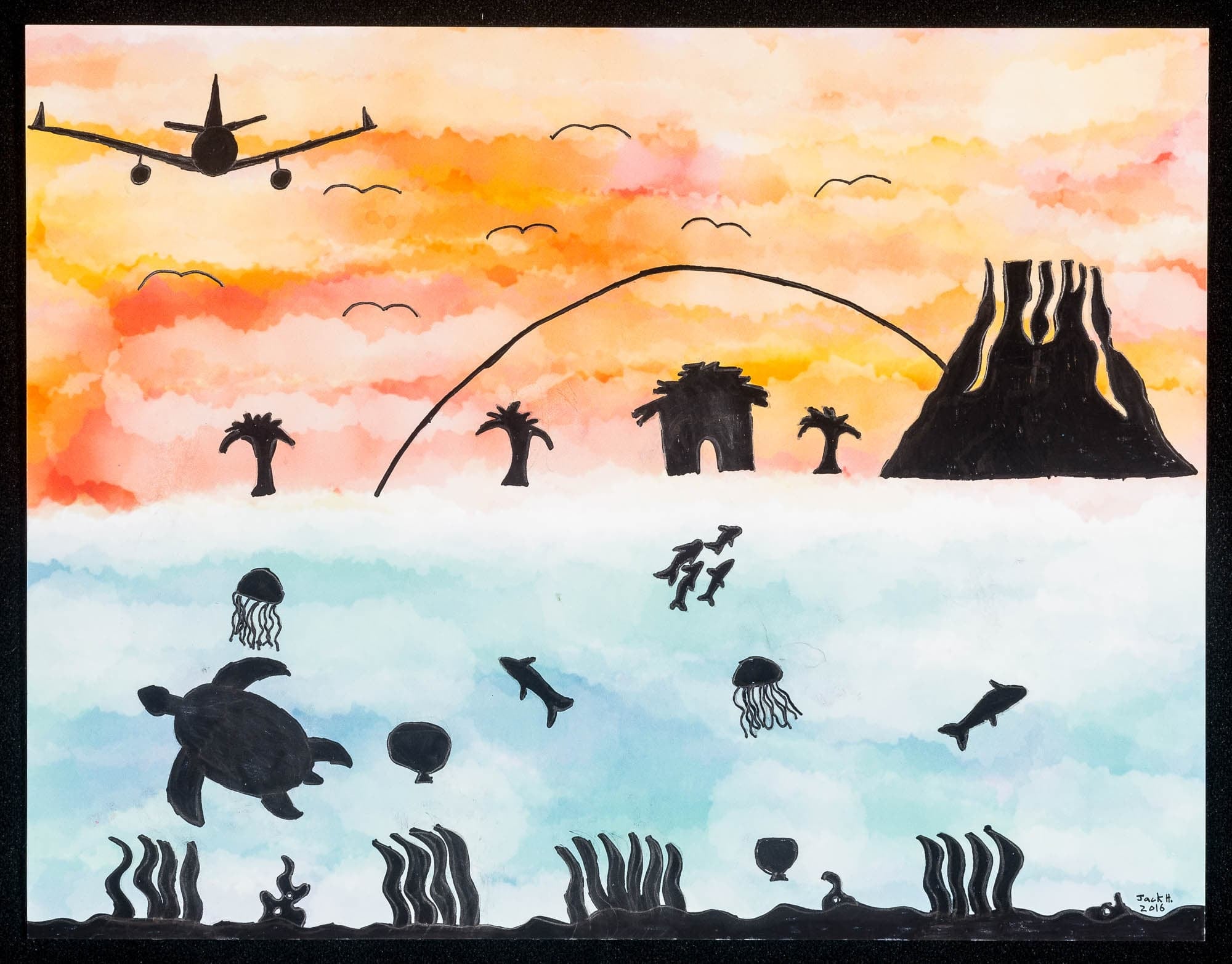 Child's drawing of a landscape depicting both underwater and tropical scenes with an airplane and volcano