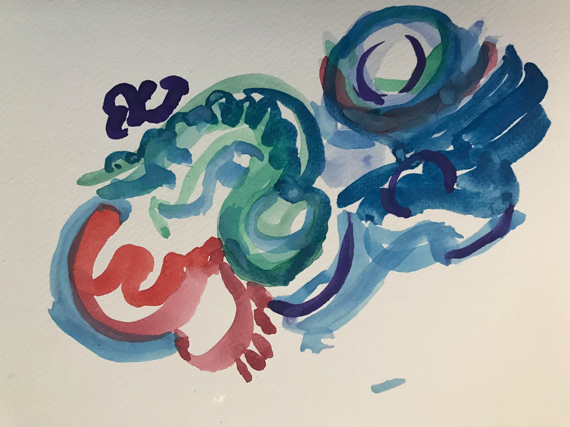 Abstract watercolor painting in blue, green and red.