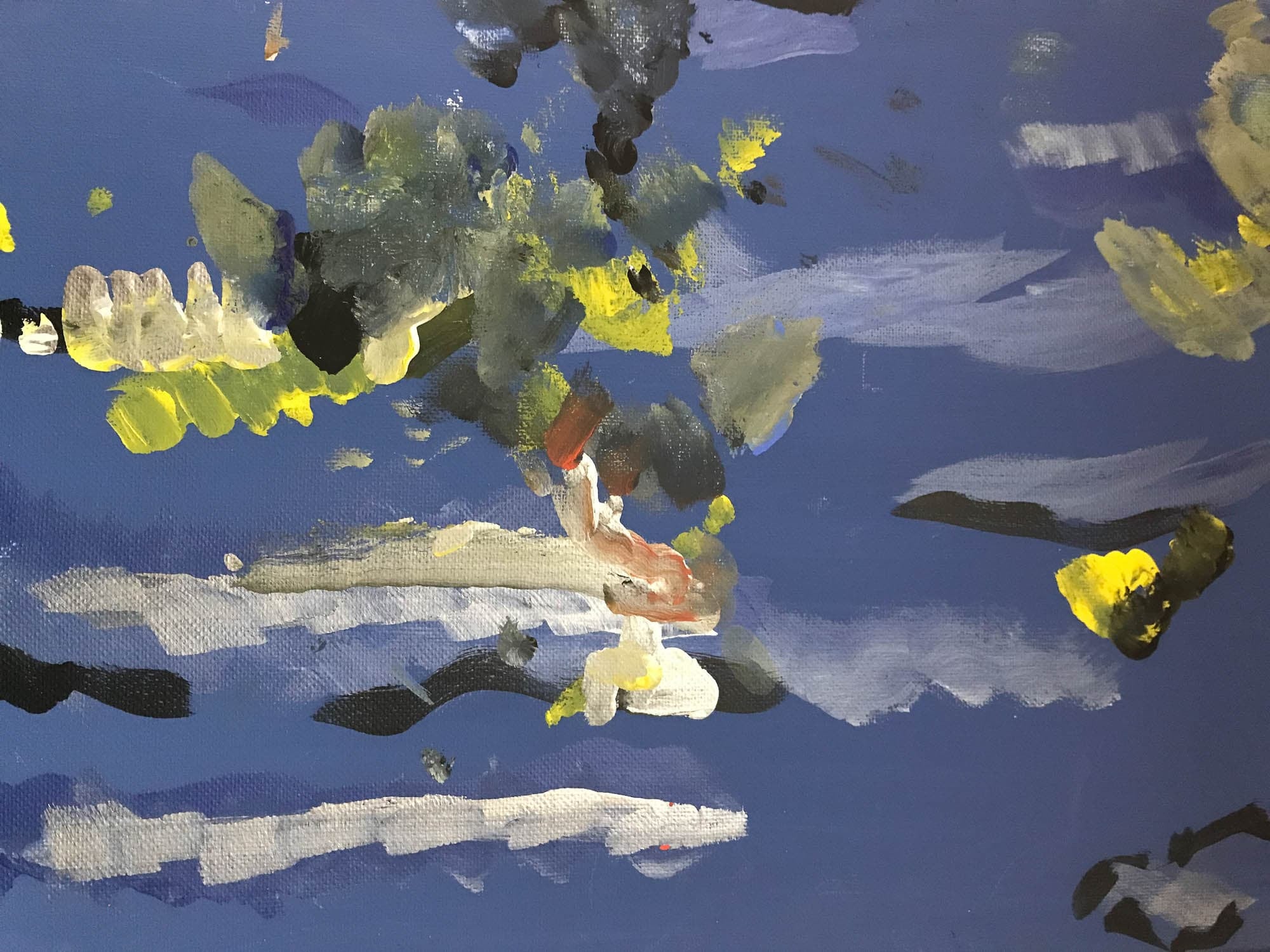 Abstract painting in black, yellow, and white on blue paper