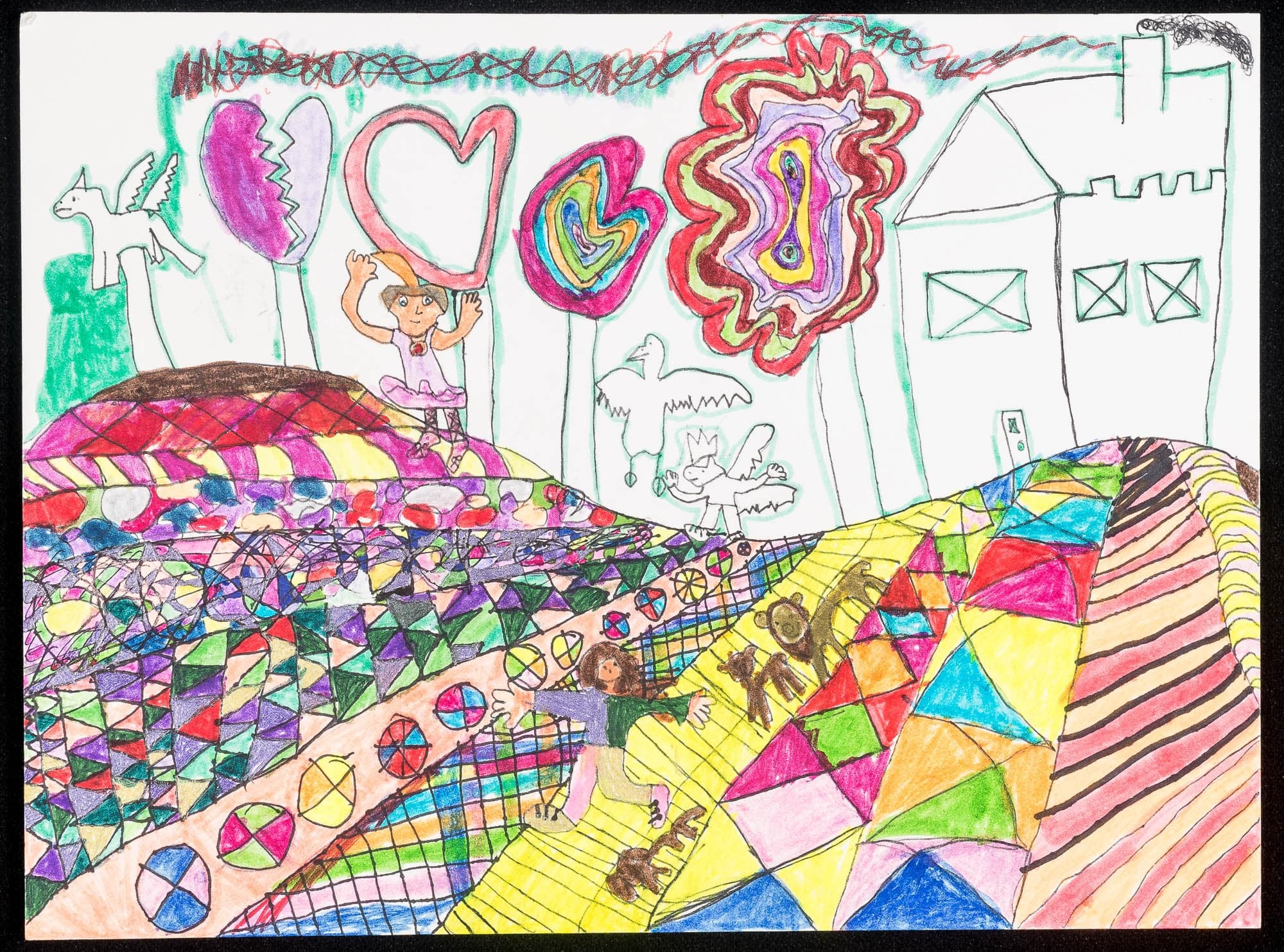 Child's drawing of various animals and people on a patchwork quilt style landscape