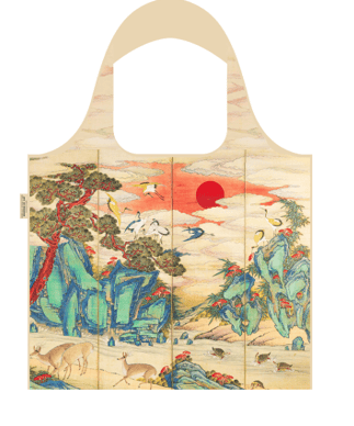A creamy totebag features a Chinese landscape of animals under a red sun.