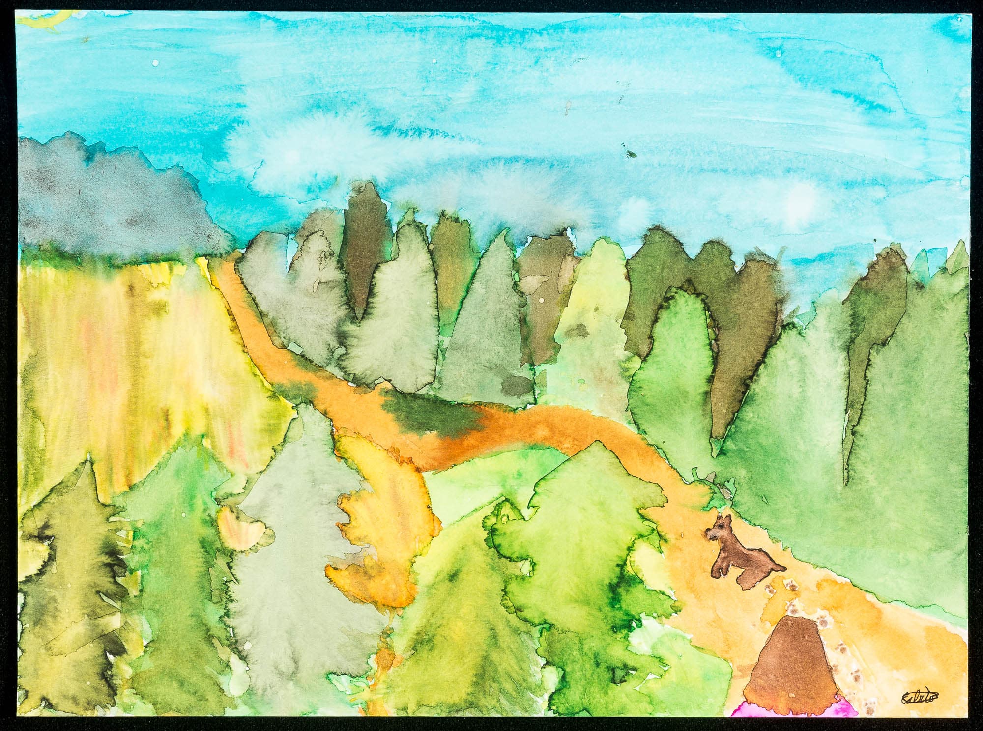 Watercolor of forest path with a dog and person viewed from behind