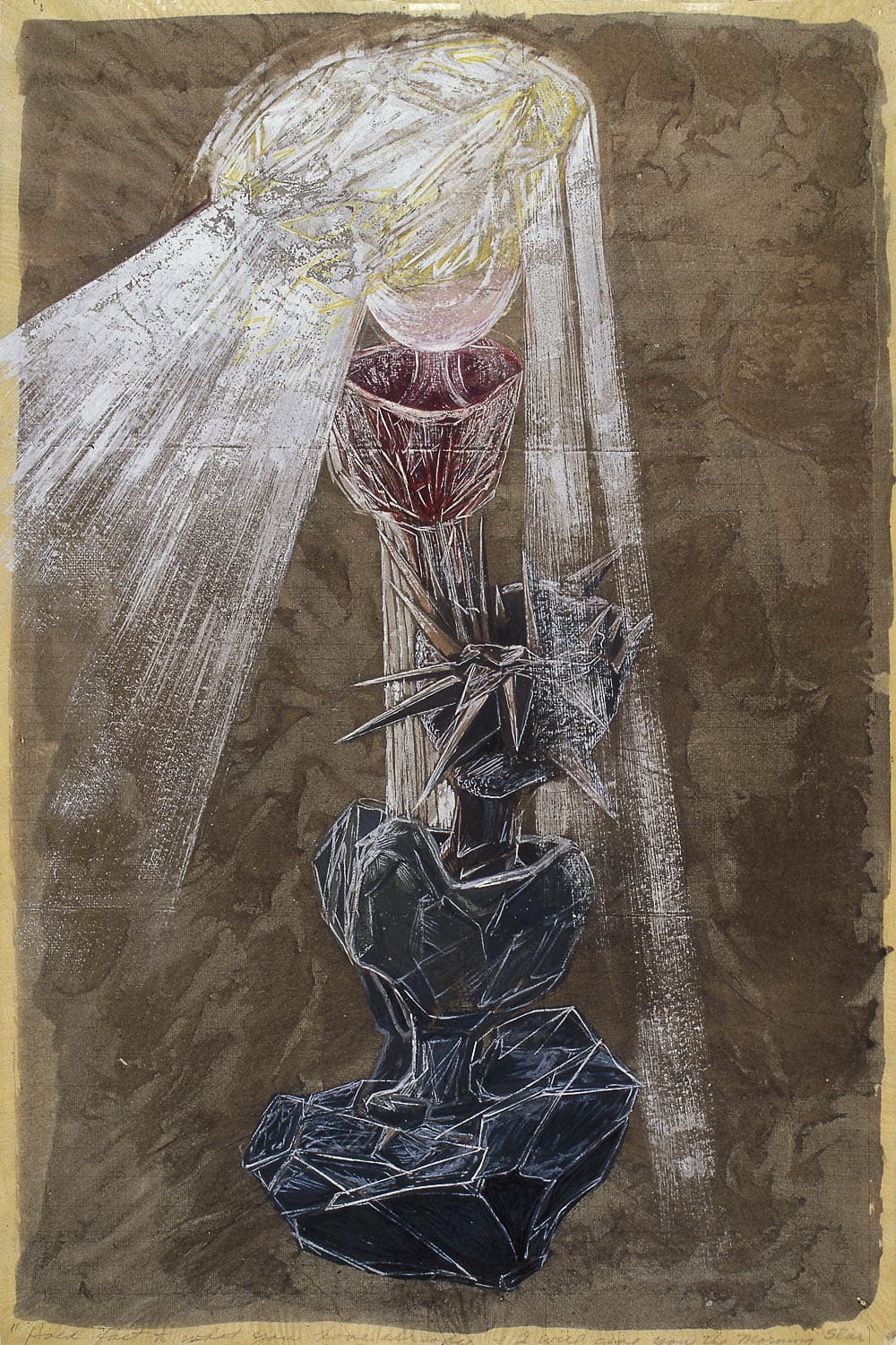Abstract painting of a chalice-type object with a black facted base and light pouring from the top