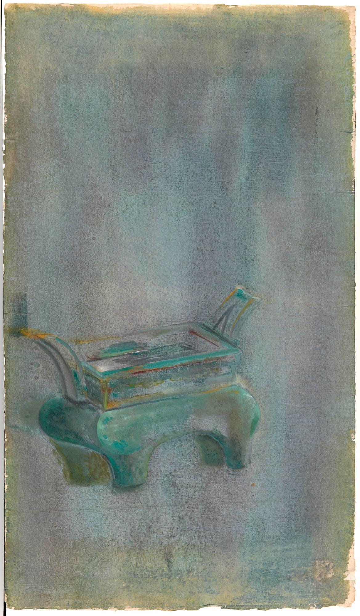 Painting in muted colors of a square vessel with rounded feet and raised, sloping handles