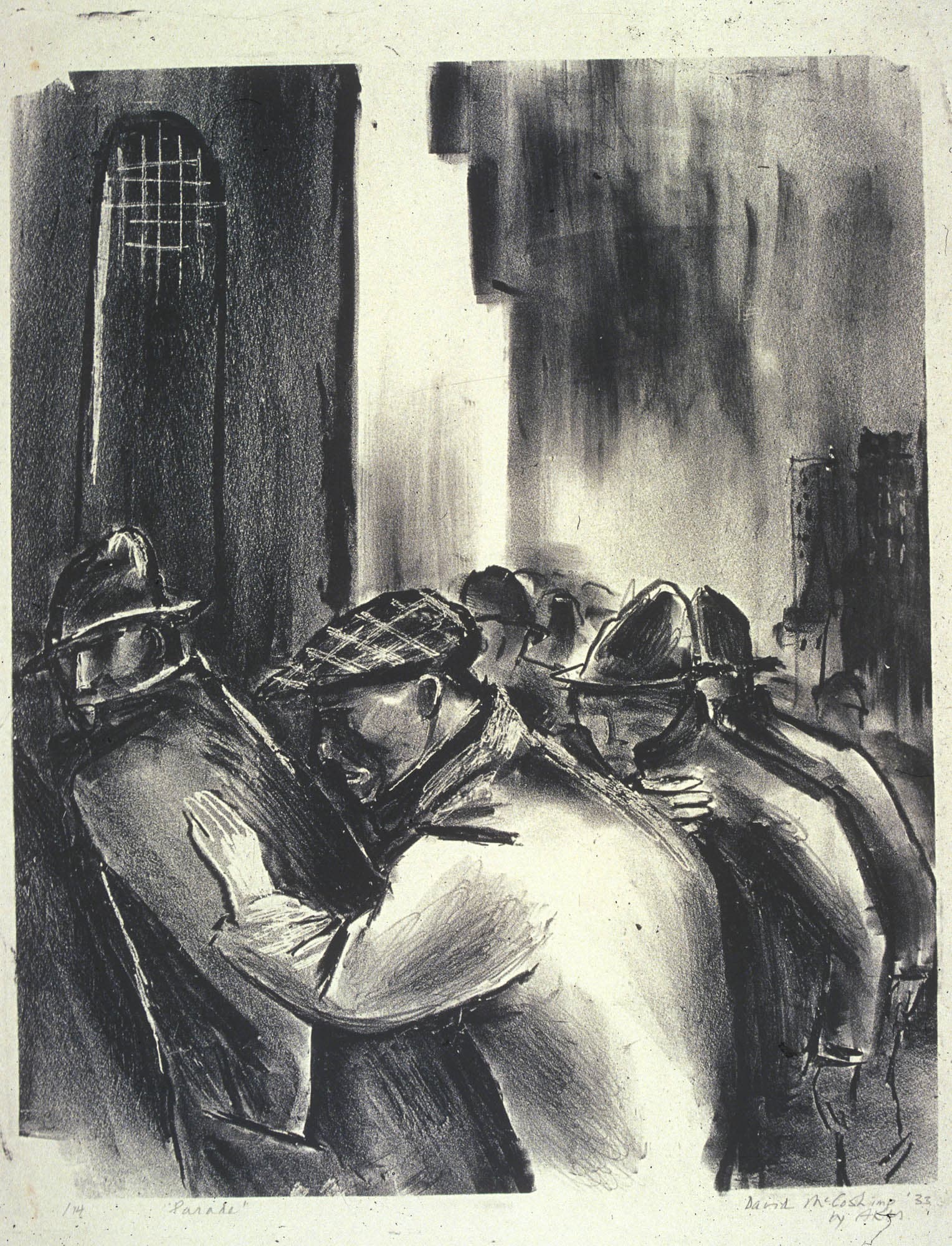 Charcoal drawing of several men in hats and jackets walking along a street in bad weather. The man in the foreground has his hand on the back of the man in front of him.