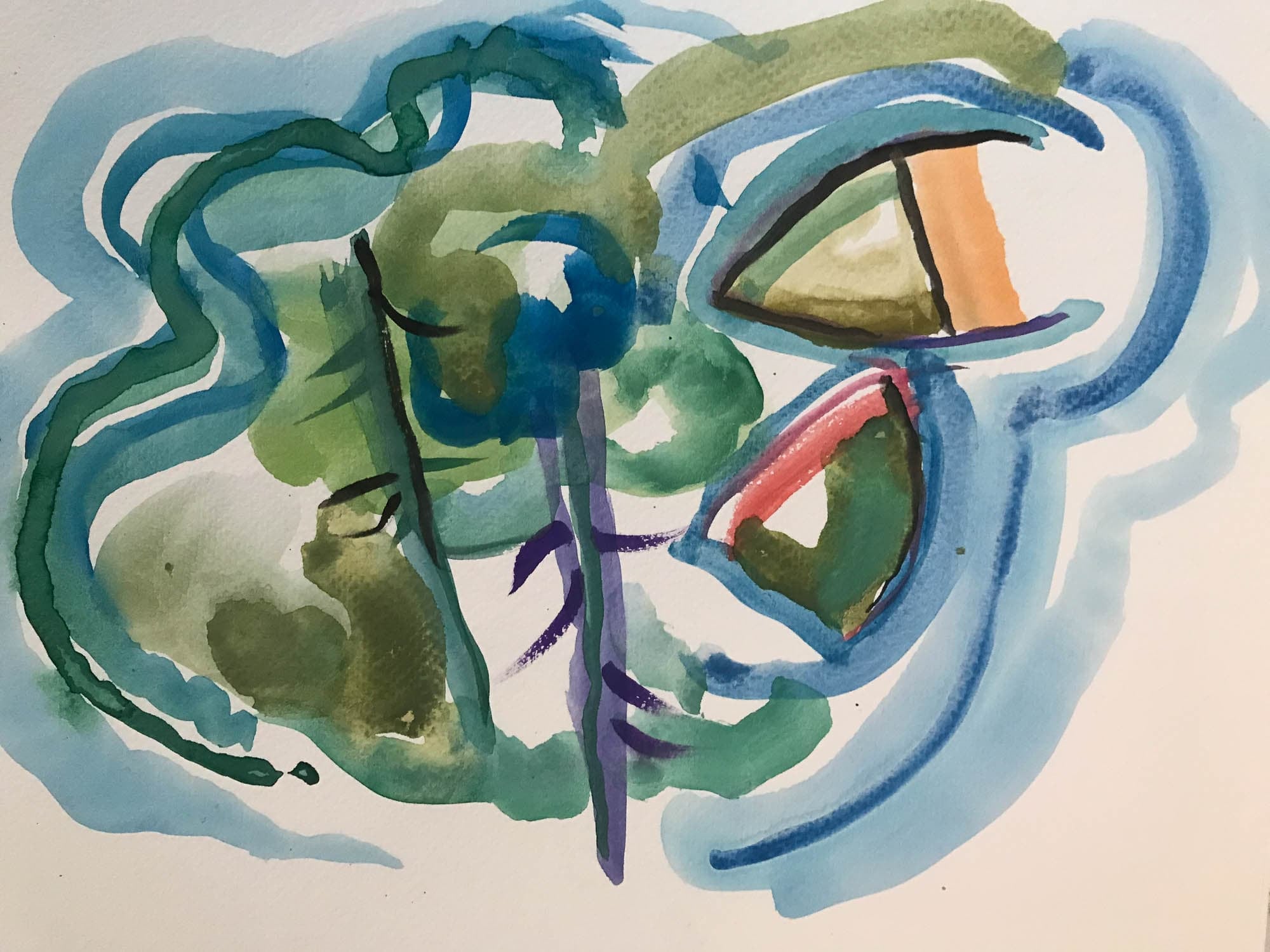 Watercolor abstract with various swirls of blue, green, and purple paint in a vague natural style