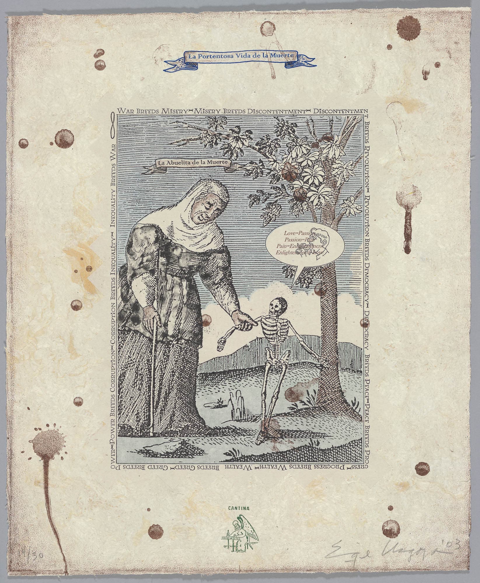 Print on yellowed paper of a woman in a robe and leaning on a crutch holdig the arm of a child-size skeleton. Words frame the image and there are various paint spatters on the print.