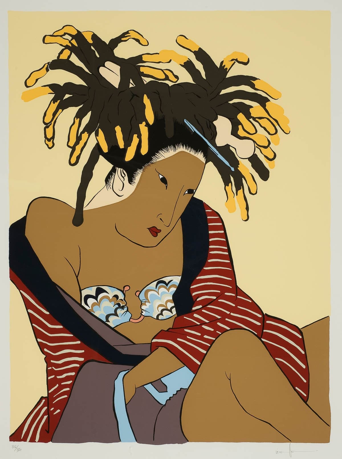 Print of a Japanese woman reclining with darkened skin and dreadlocks in her hair, wearing a red robe that is falling open to reveal a patterned bra.