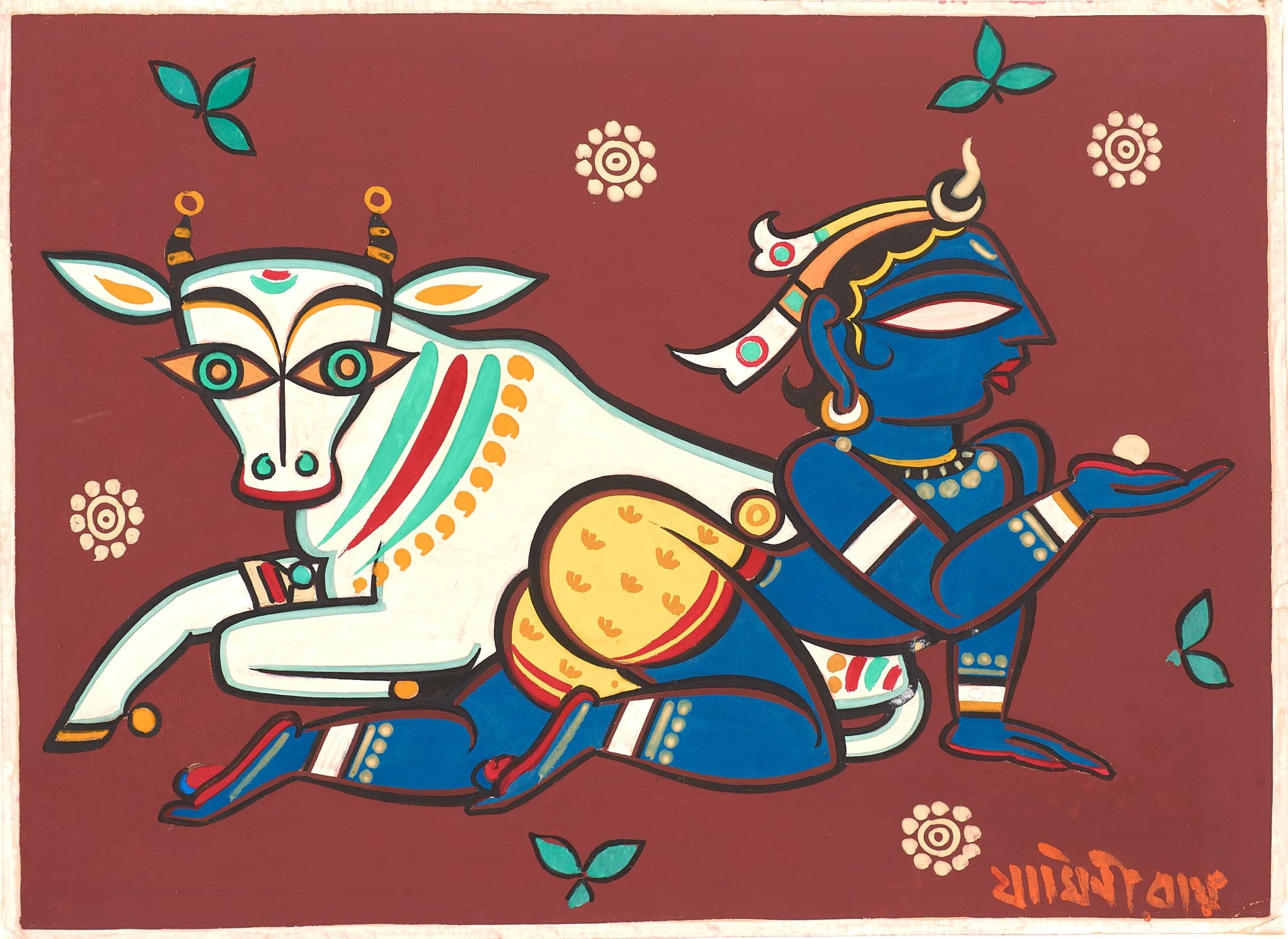 Print of a person in Indian dress with blue skin kneeling facing right in front of a cow with colorful designs on its skin and flowers on its horns, all on a deep red background.