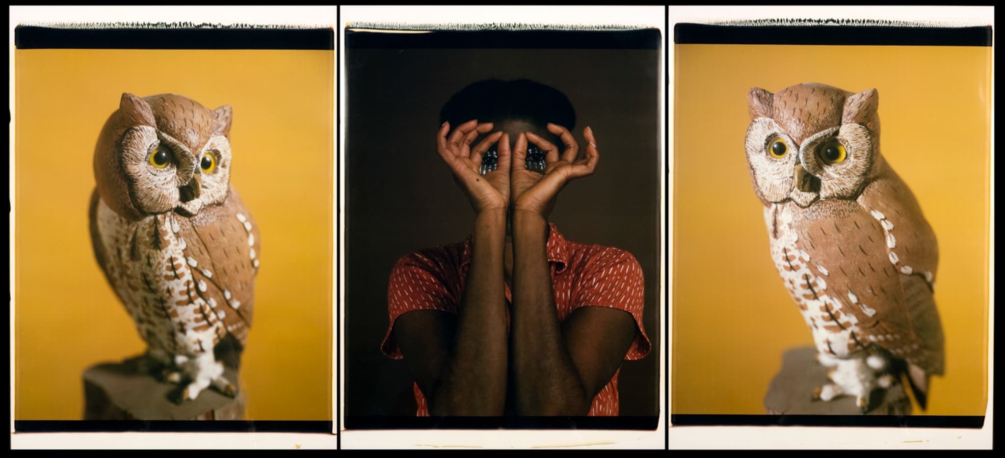 Three photographs in a row, the outside two are of a ceramic owl. The center image is a woman in a red shirt using her hands to mimic the shape of the owls' eyes.