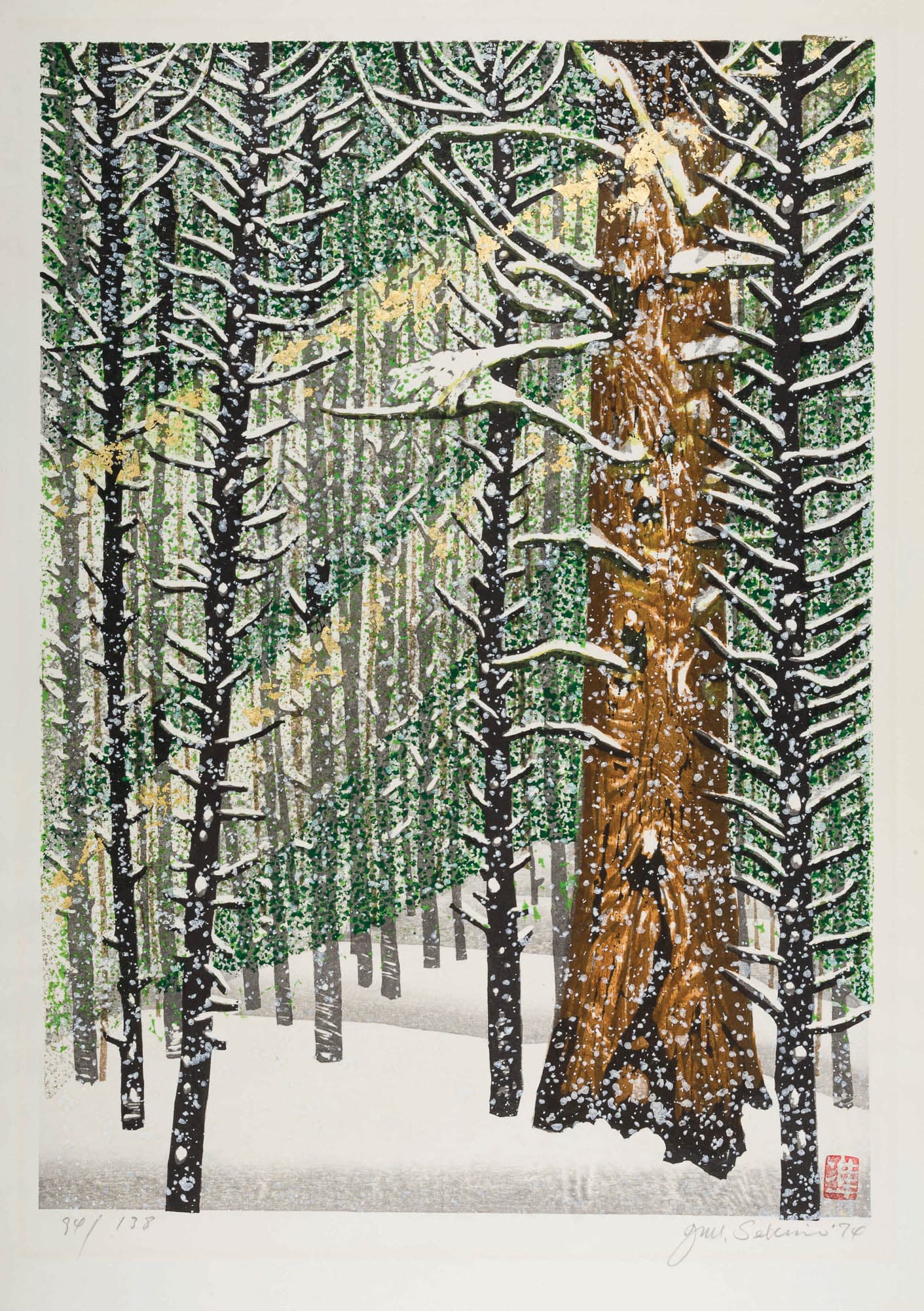 A vibrant forest scene in Oregon with snow-covered pine trees and a large, prominent brown tree trunk in the foreground. The snow is delicately settling on the branches, creating a serene winter atmosphere.