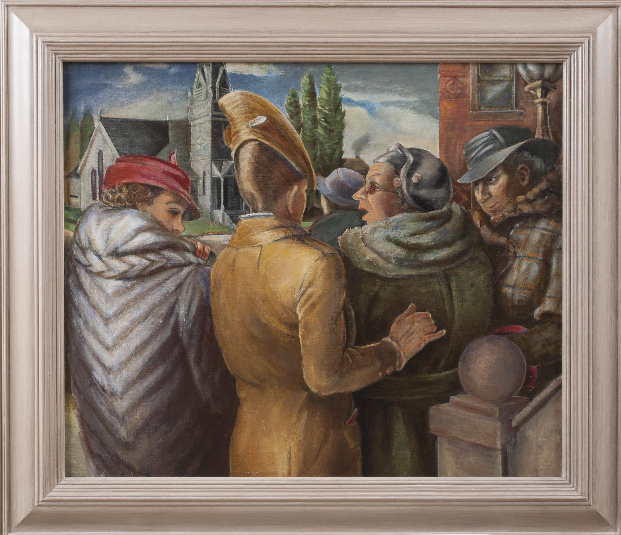 A group of people gathered in a conversation near a church. The individuals are dressed in winter clothing, with a variety of hats and coats, and appear to be deeply engaged in their discussion.