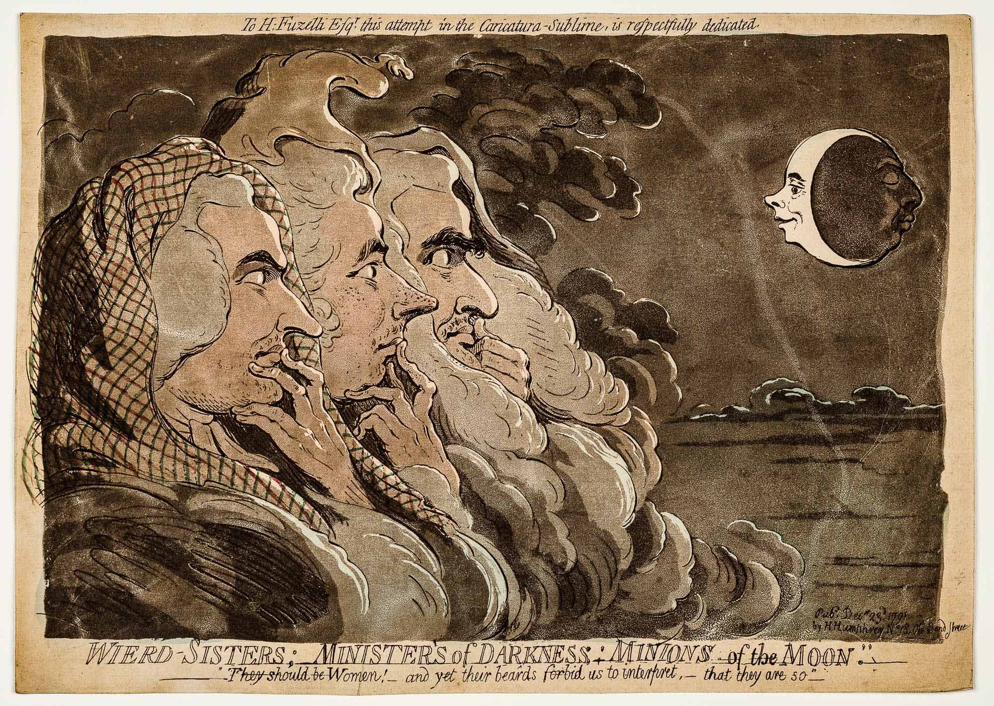 Three women with haggard expressions and wearing headscarves look intently at a crescent moon face in a dark, cloudy sky. The scene has a mystical and eerie atmosphere.