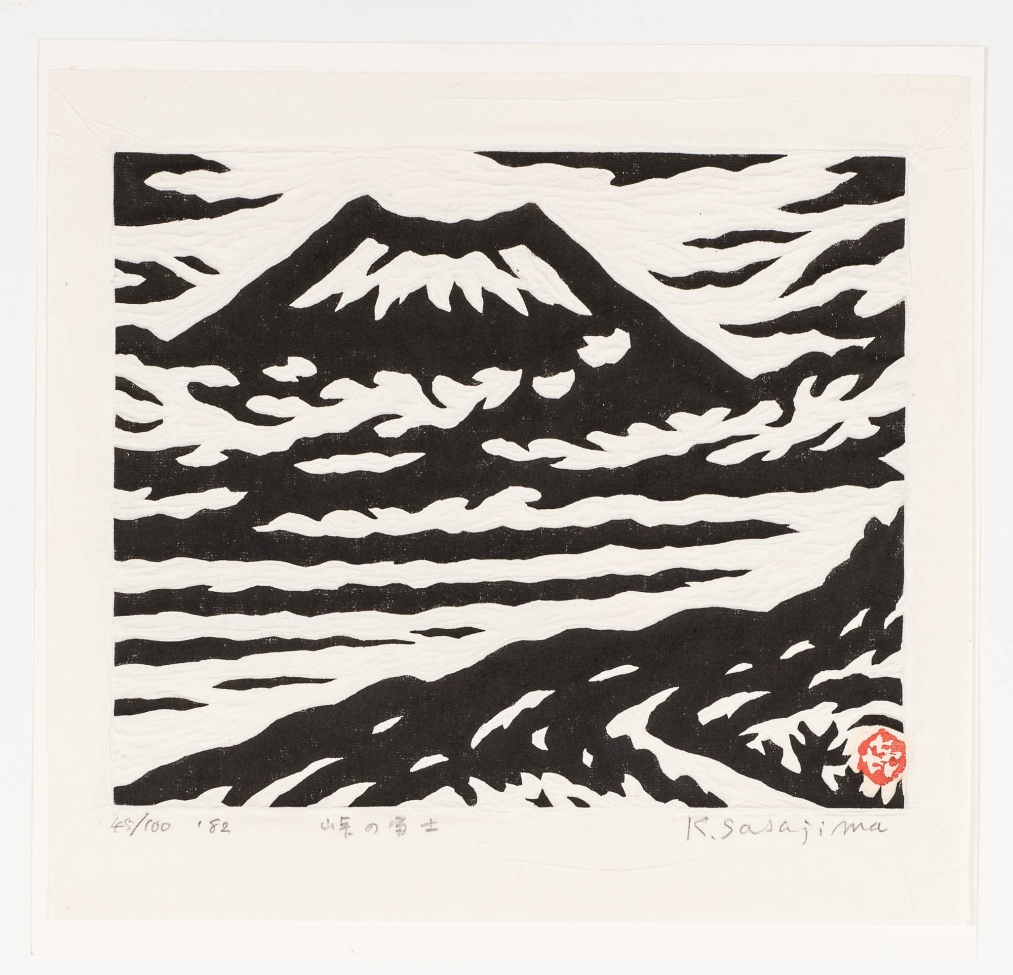 A black-and-white woodcut print depicting Mount Fuji with swirling clouds. The high contrast between the black and white elements emphasizes the majestic and tranquil nature of the mountain.