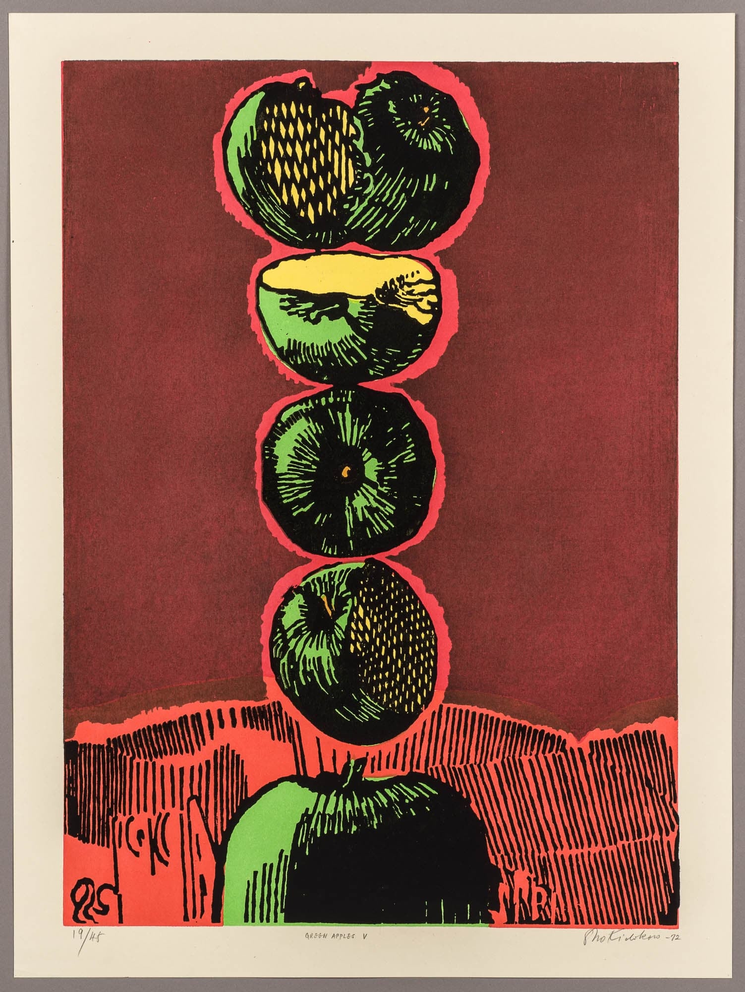 A vibrant print featuring a stack of green apples against a red background. The apples are arranged vertically, each with distinct textures and details, creating a striking visual contrast.