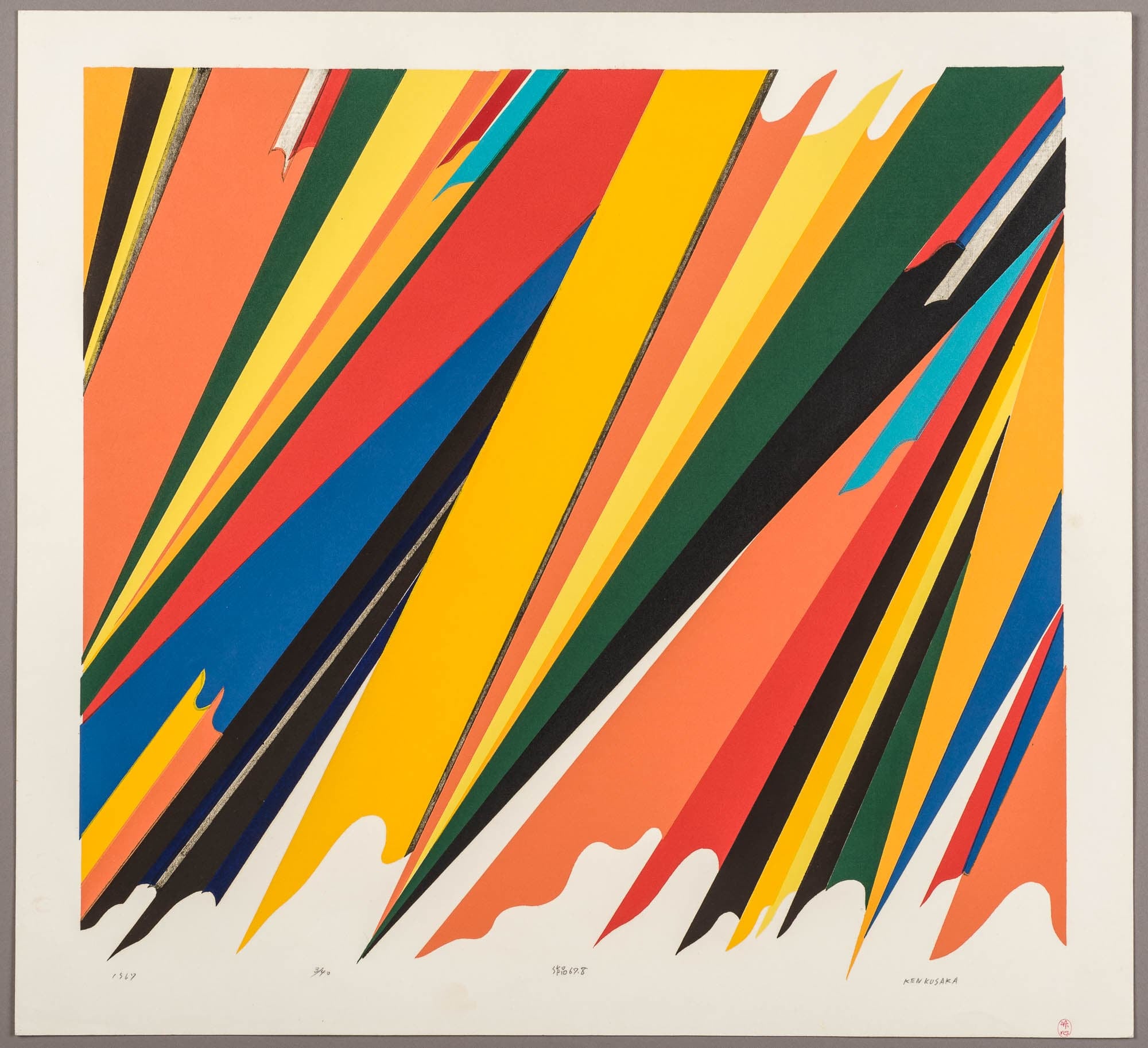 An abstract print with dynamic, multicolored diagonal lines intersecting against a white background. The bold colors and sharp angles convey a sense of movement and energy.