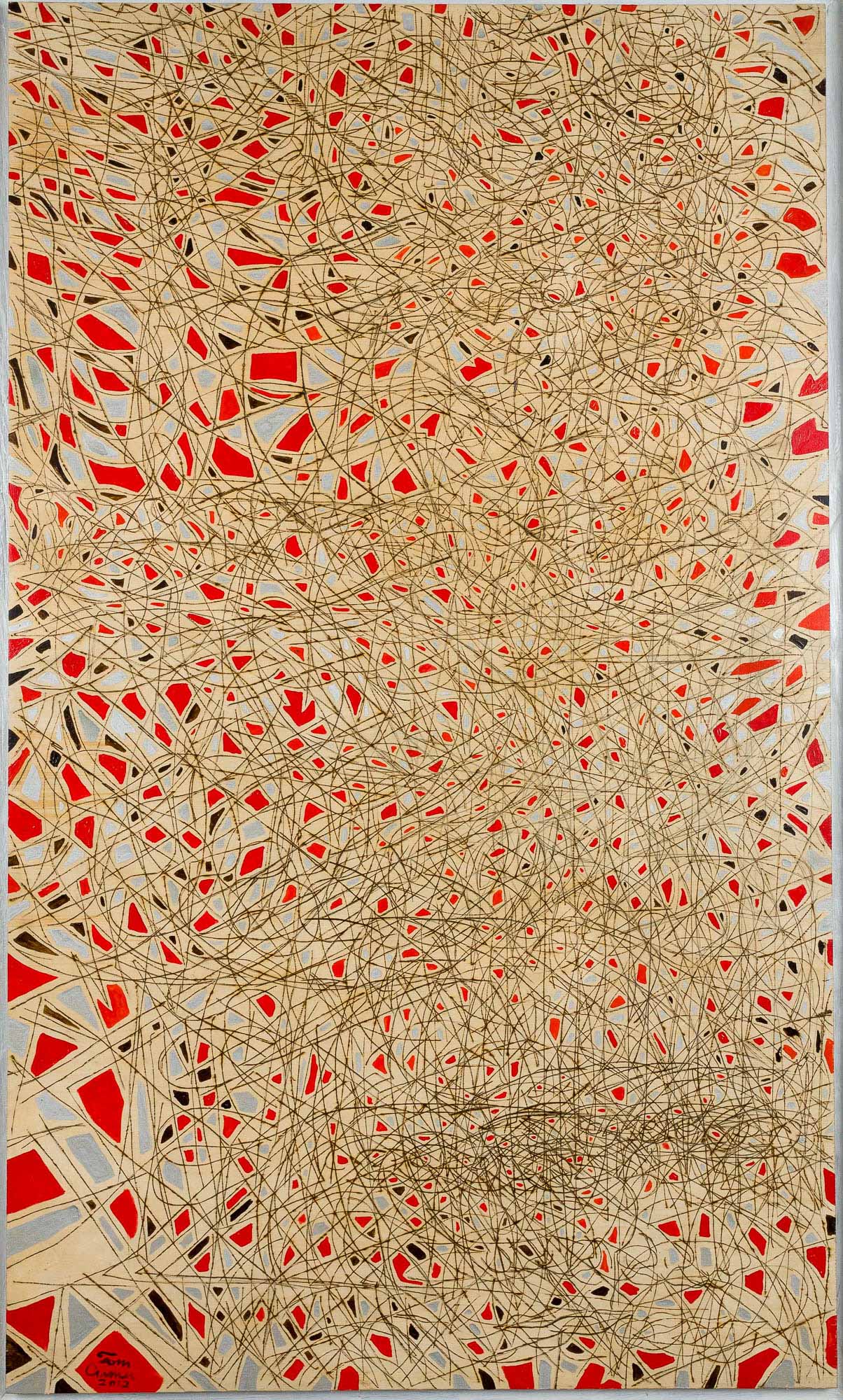 An abstract painting with chaotic lines and shapes in black, red, and beige. The intricate web of lines creates a sense of movement and complexity.
