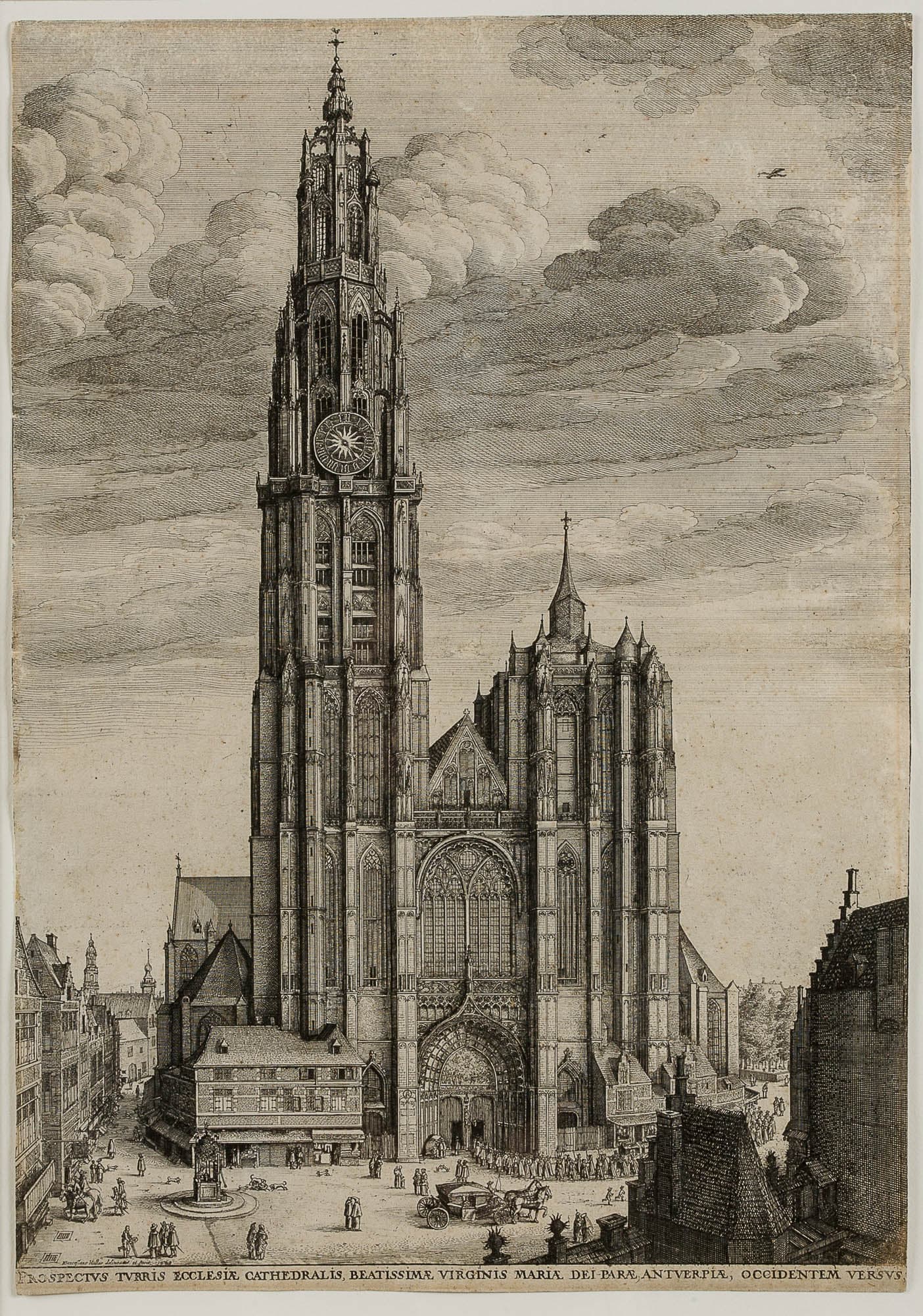 A detailed engraving of a grand cathedral with a tall clock tower, surrounded by smaller buildings and people. The intricate architectural details and the bustling scene below highlight the cathedral's prominence.