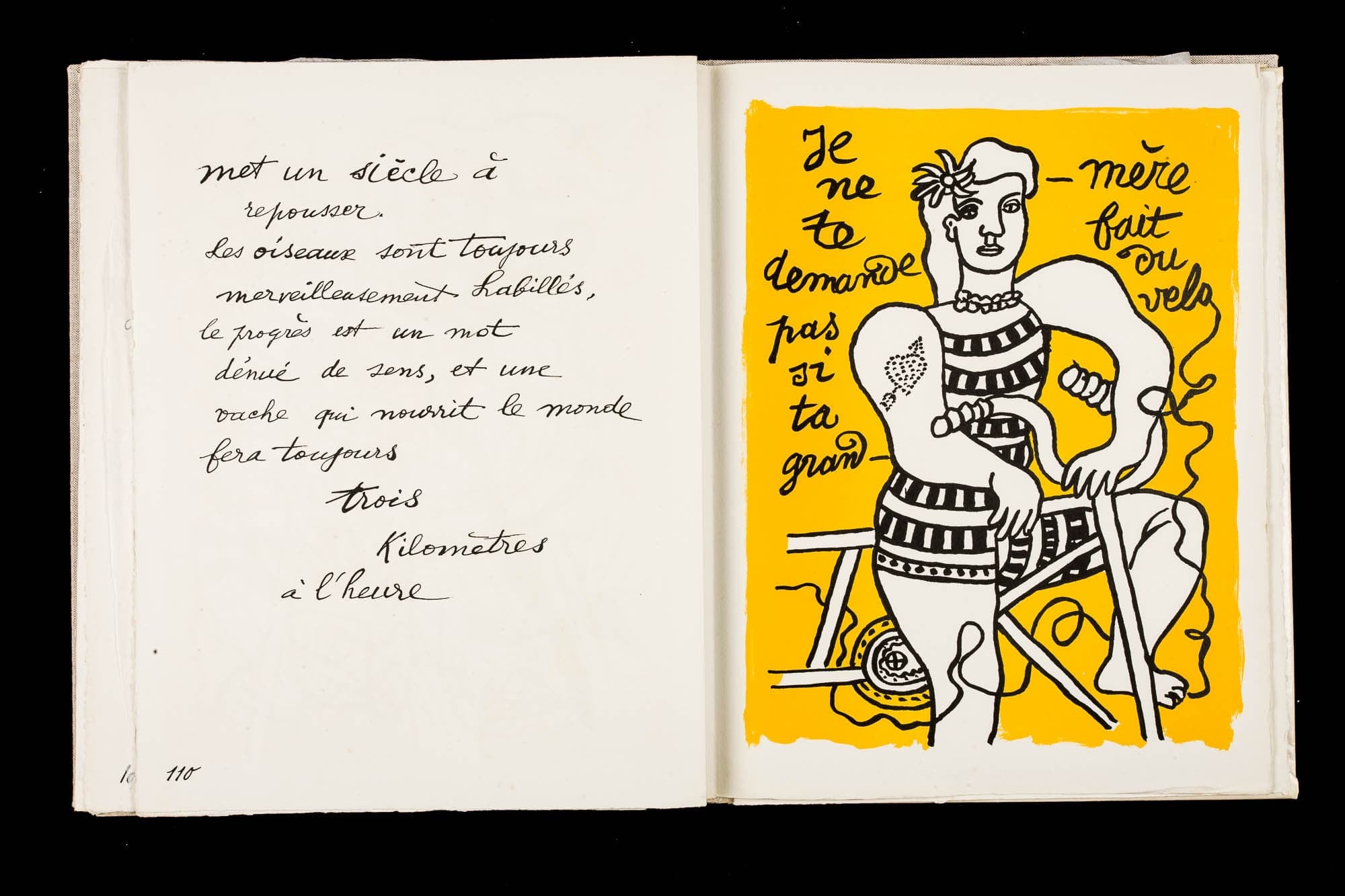 An open book with French handwritten text on the left page and an illustration of a woman in a striped dress riding a bicycle on the right page. The background of the illustration is bright yellow.