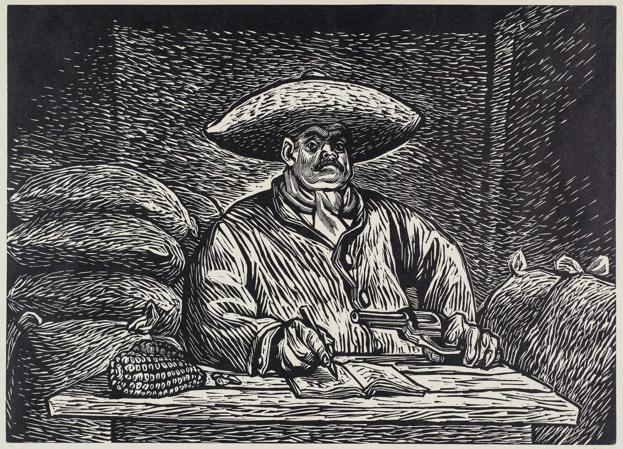 A woodcut print depicting a man with a stern expression, wearing a wide-brimmed hat, and holding a revolver. He sits at a table with sacks and corn around him, creating a scene of tension.