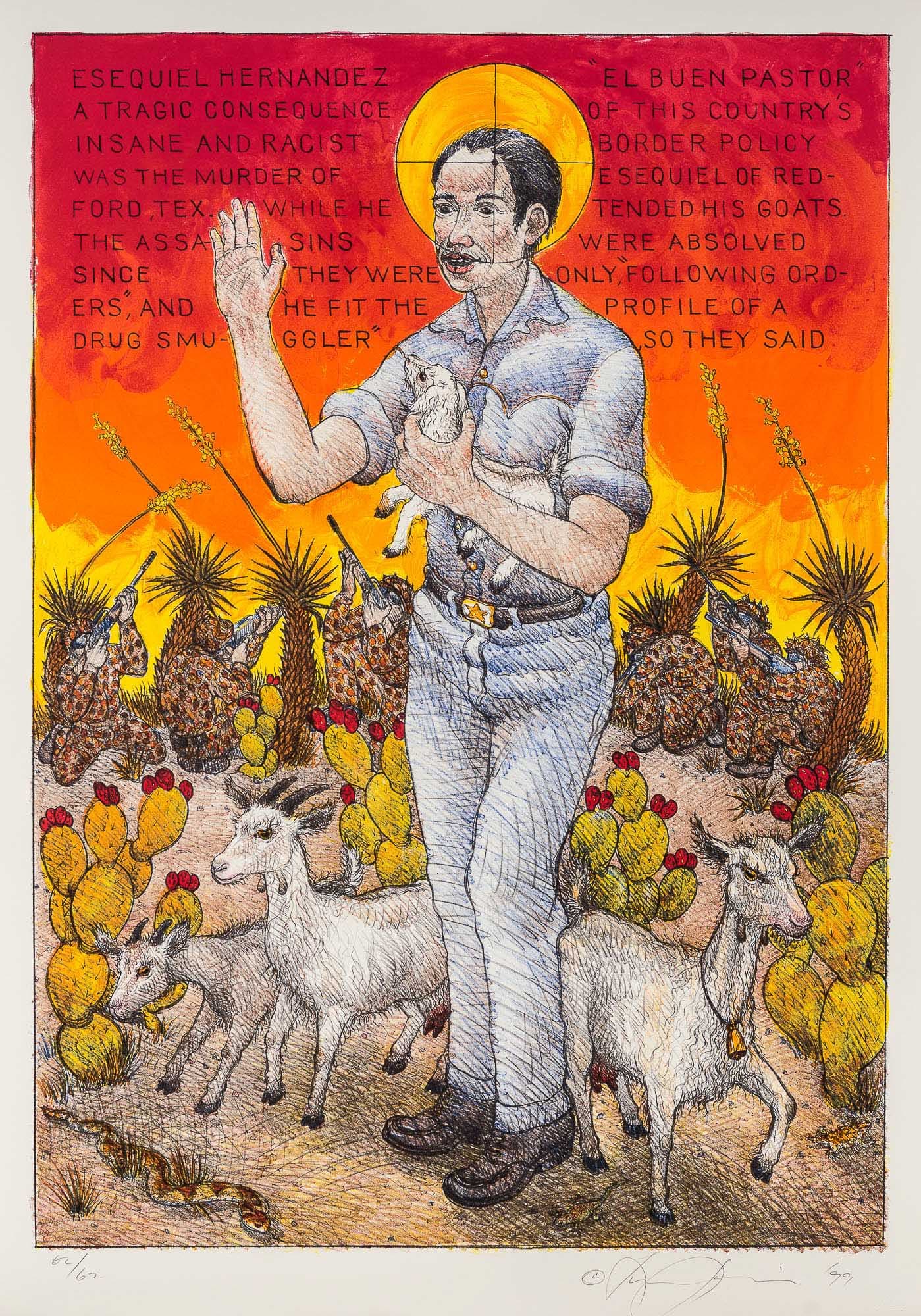 A vibrant, illustrative print depicting a man with a halo, surrounded by goats and cacti. The background text and the saint-like portrayal of the man suggest a narrative of martyrdom or sainthood.