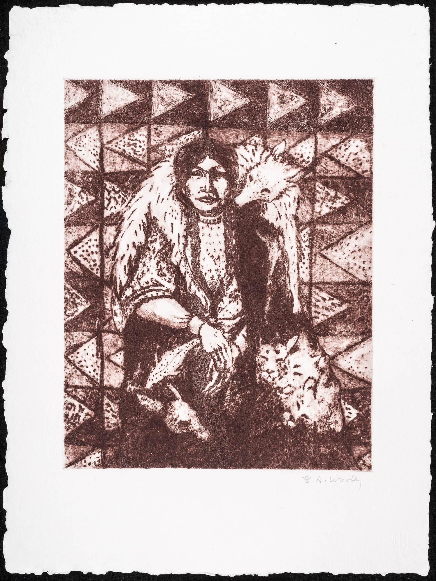A sepia-toned print of a person in traditional attire, draped in animal pelts, sitting against a patterned background. The detailed textures and the subject's expression convey a sense of history and culture.