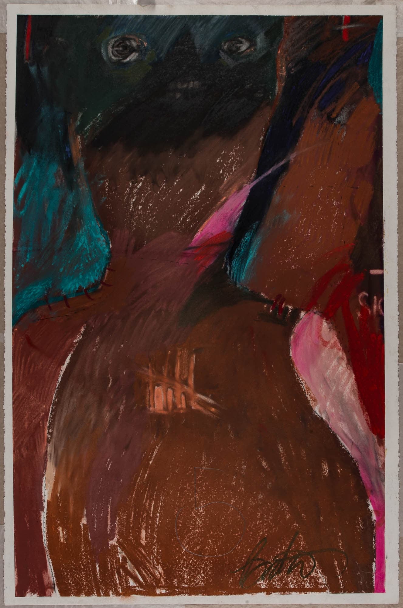 An abstract painting with bold strokes and dark colors. The composition is dominated by rich browns and vibrant pinks, with hints of blue and black, creating a sense of depth and emotion.