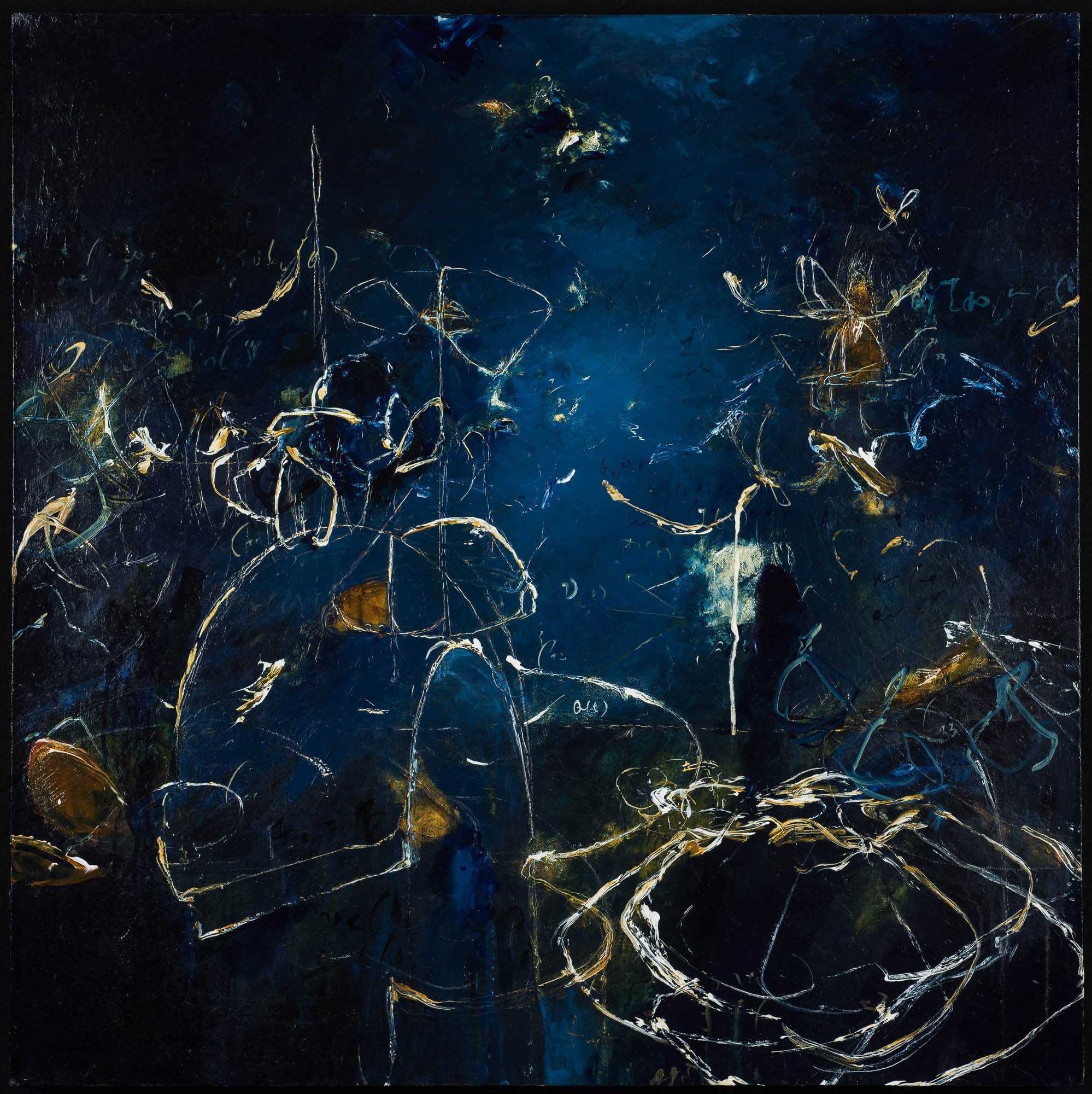 A dark, abstract painting with a deep blue background. The artwork features swirling lines and shapes, suggesting a chaotic and dynamic scene.
