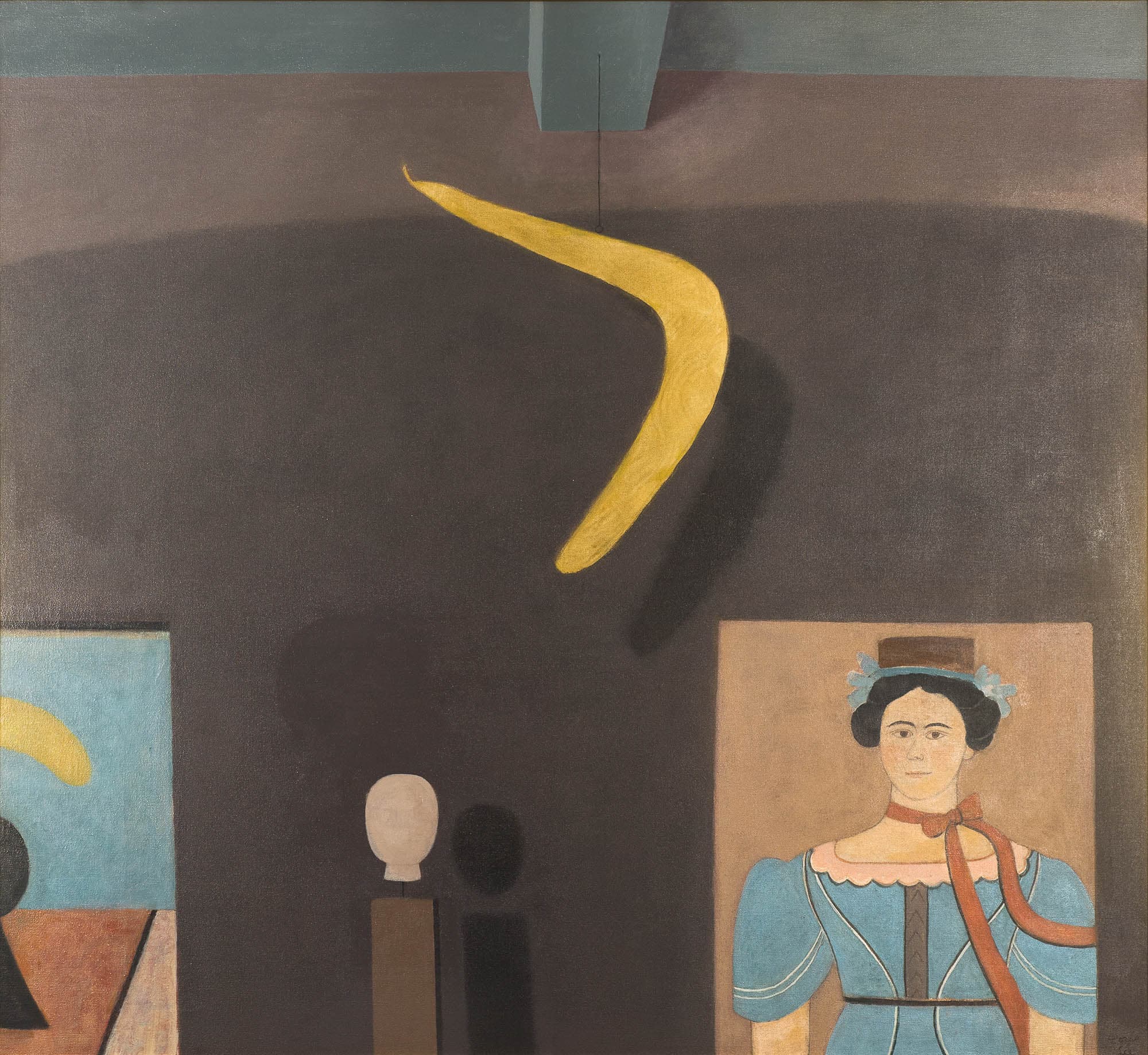A surreal painting of a boomerang floating above various objects, including a bust and a portrait of a woman in historical attire. The dark background adds to the mysterious atmosphere.