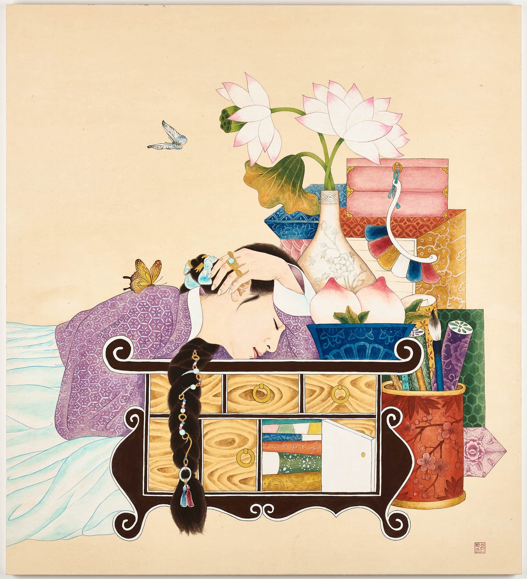 A detailed painting of a woman resting her head on a table filled with books and vases. The intricate patterns and vibrant colors create a rich and ornate composition.