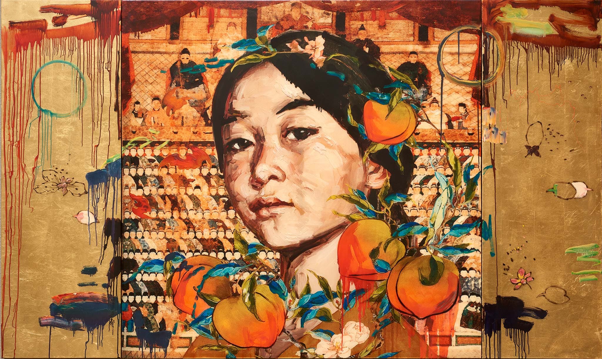 Painting of a woman with dripping paint, surrounded by peaches. 