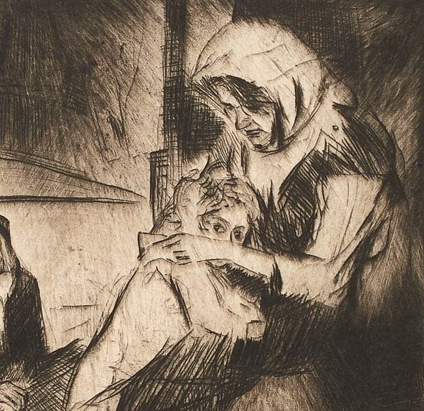 A black and white sketch of two figures in an emotional embrace. The detailed lines and shading convey a sense of intimacy and sorrow.
